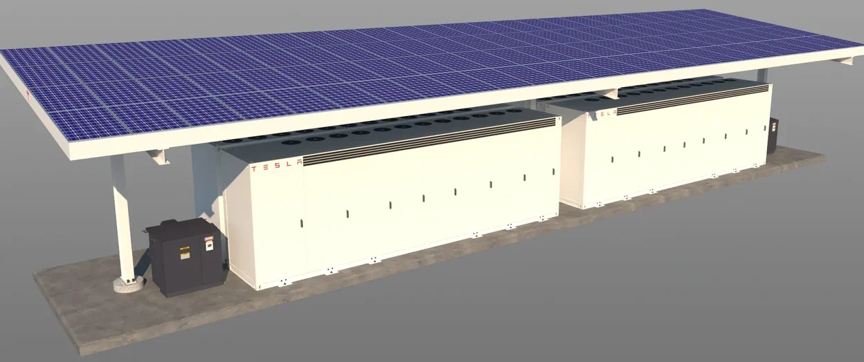 Tesla Megapack set of 4 with solar canopy – Nvidia jóváhagyta a Tesla Megapack energiatárolóját AI-gyára