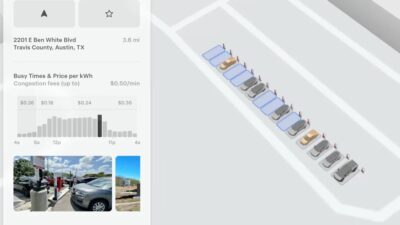 3D Supercharger térkép egy Tesla érintőképernyőjén