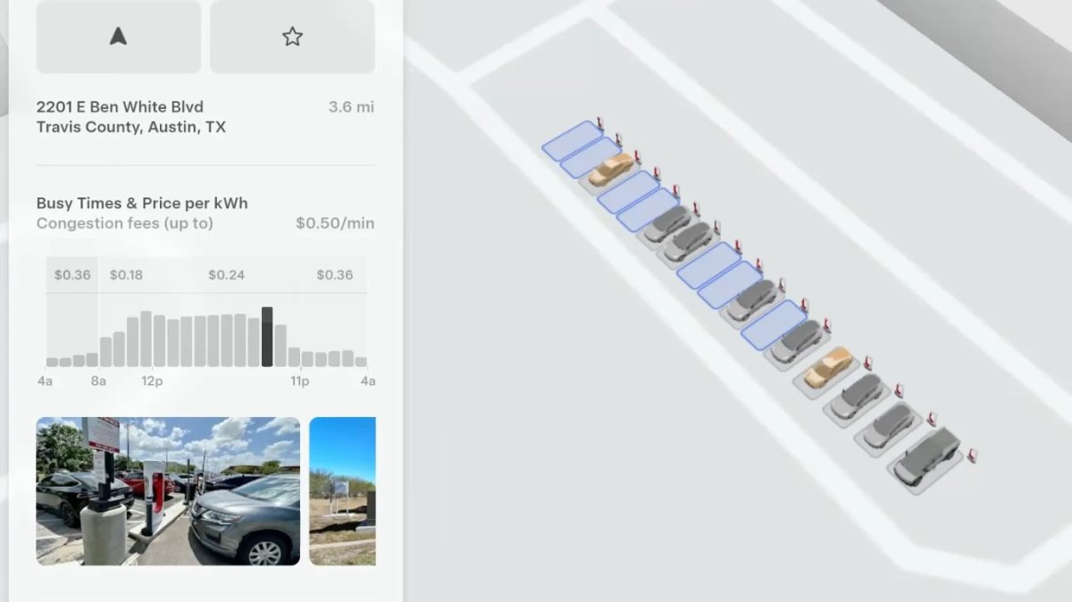 3D Supercharger térkép egy Tesla érintőképernyőjén
