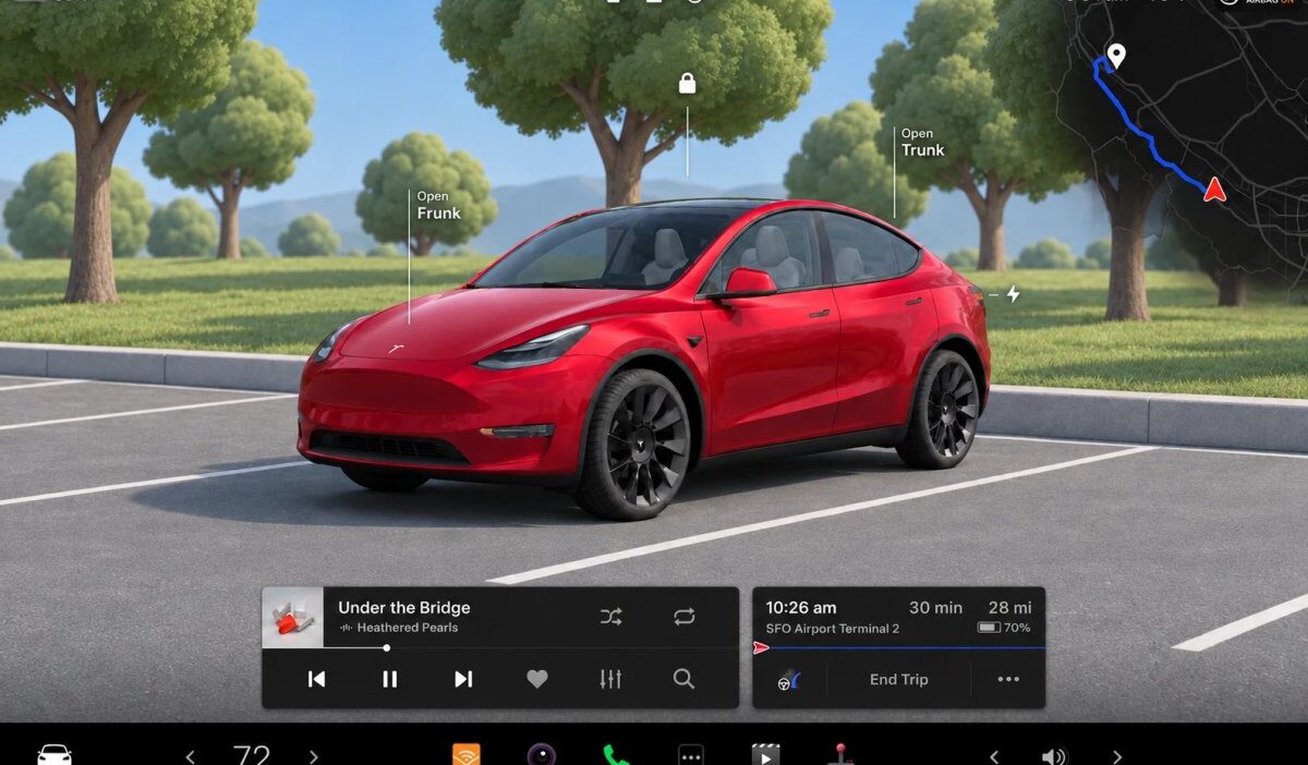 Koncept kép: Model Y Supercharger állomáson, valós háttérrel