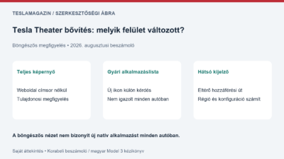 Tesla Theater bővítés: saját ábra a böngészős teljes képernyős nézet, a gyári alkalmazáslista és a hátsó kijelző különbségéről