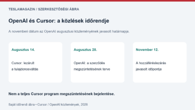 OpenAI-Cursor partnerség időrendjét bemutató saját ábra: augusztus 14-i tulajdonosváltási közlés, augusztus 28-i felmondási terv és november 12-i javasolt lezárás