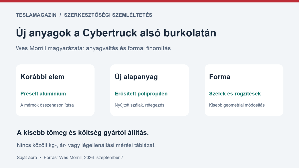 Új anyagok a Cybertruck alsó burkolatán: alumíniumról önmagával erősített polipropilénre váltás és formai finomítás szerkesztőségi ábrán