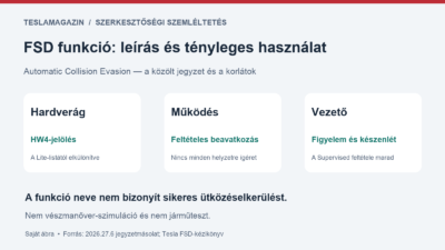 FSD funkció Automatic Collision Evasion néven: közölt HW4-es funkciólista, felügyelt működés és a vezetői figyelem feltétele