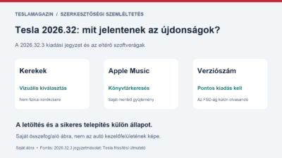 Kerekek képernyője, Apple Music-könyvtár és pontos szoftververzió a Tesla 2026.32-ről készült szerkesztőségi ábrán