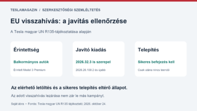 EU visszahívás: az érintett balkormányos Model 3 Premium, a javító szoftver és a sikeres telepítés külön ellenőrzése