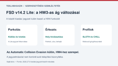 FSD v14.2 Lite a HW3-as ágon: parkolás, érkezési beállítások és sebességprofil; a HW4 funkciólistája külön szerepel