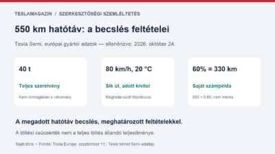 550 km hatótáv: a Tesla európai Semi-becslésének feltételei és a 60 százalékos töltés számtani példája