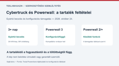 Cybertruck és Powerwall: a tartalékidő fogyasztástól és töltöttségtől függ, a Powerwall 3 és a korábbi változatok támogatása eltér