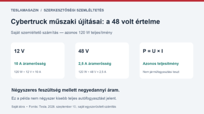 Cybertruck műszaki újításai: azonos 120 wattos példában 12 voltnál 10 amper, 48 voltnál 2,5 amper a számított áramerősség