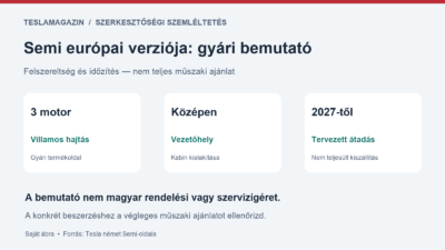 Semi európai verziója: középső vezetőhely, három villanymotor és 2027-től tervezett átadás a német termékoldalon