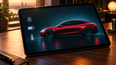 Tesla alkalmazás tableten: piros autót és általános vezérlési ikonokat mutató szerkesztőségi illusztráció.